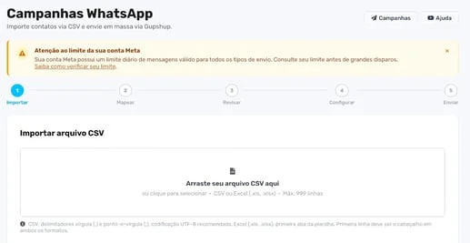 Tela de campanhas de WhatsApp com importação de contatos por CSV